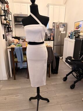 Lulu's White Ribbed Asymmetrical Two-Piece Set
